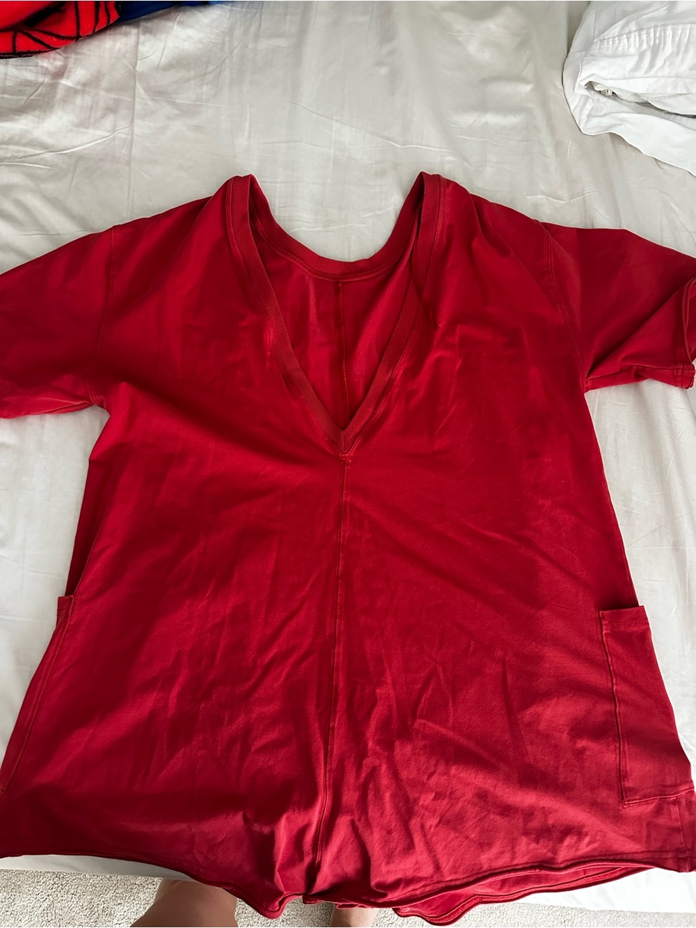 Free People V-Neck Short Sleeve Tunic in Red with Side Pockets